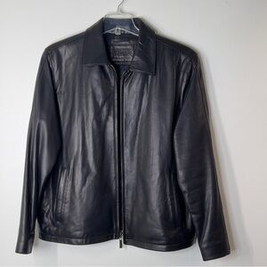 BRANDINI Men’s Size L Black Zip Up Leather Coat Shirt Collar Pockets Jacket